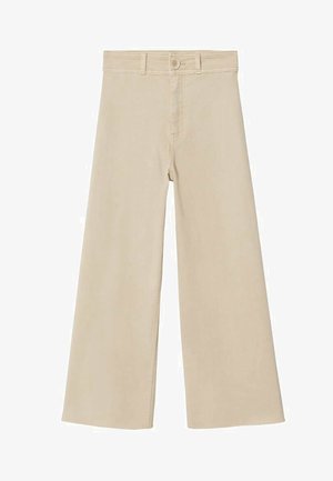 Pantalon beige à jambes larges, taille haute, fermeture par bouton et coutures visibles le long de la ceinture et de la braguette.