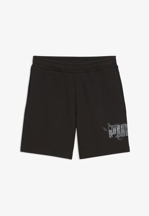 Crne kratke hlače s elastičnim pojasom i bočnim džepovima te sivim stiliziranim natpisom "PUMA" na donjem lijevom nožnom dijelu.