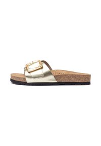 Gold metallic slide sandal with a wide strap and rectangular buckle, cork footbed, and textured black rubber sole. Flat and open design.