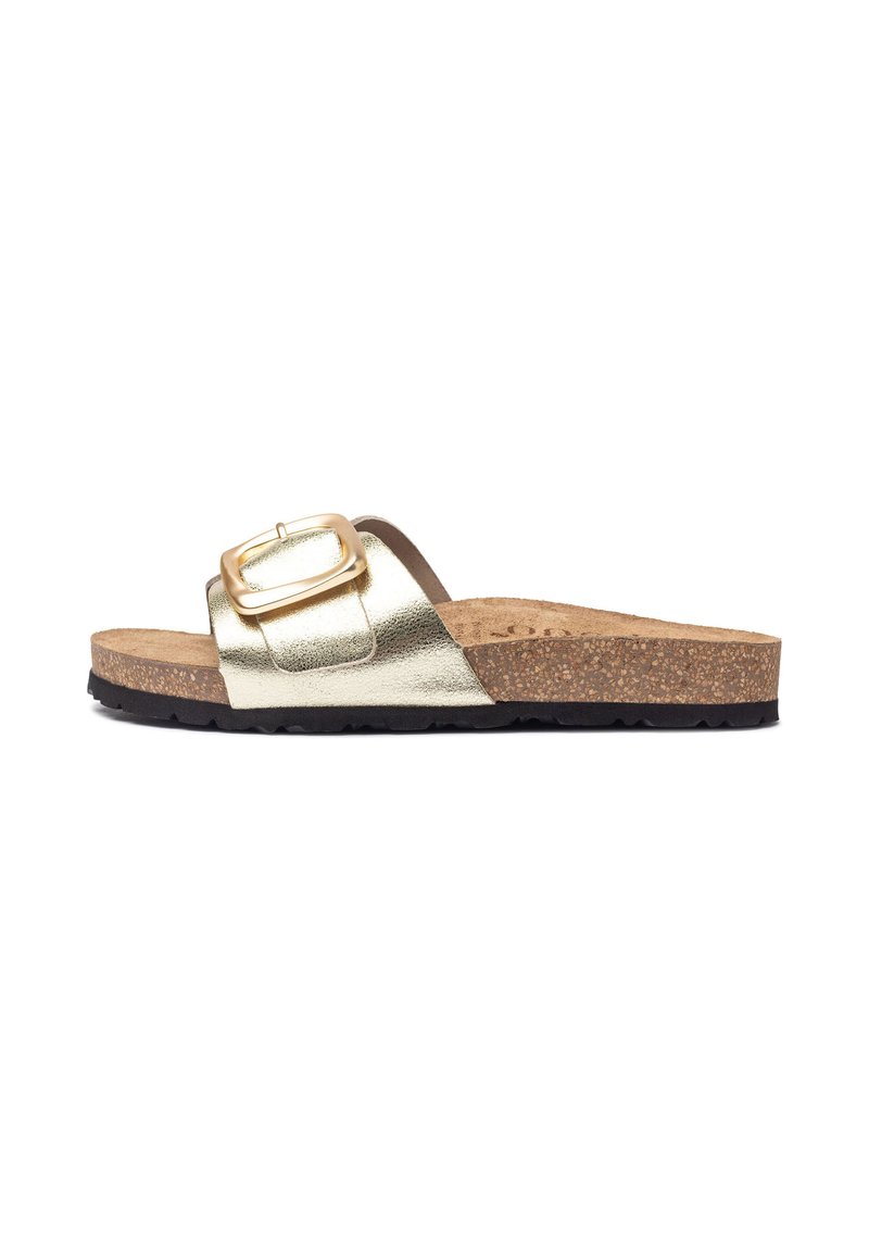 Gold metallic slide sandal with a wide strap and rectangular buckle, cork footbed, and textured black rubber sole. Flat and open design.
