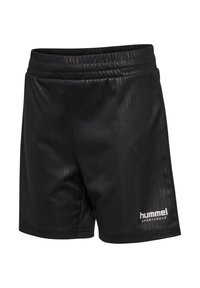 Svarta sportshorts i ett glatt material, med resårmidja och subtila vertikala ränder. "hummel"-logotyp i vitt på sidan.