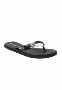 Infradito neri con un sotto piedi testurizzato, cinturini in tessuto a strisce in bianco e nero e una suola in TPR comoda per flessibilità e grip.