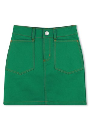 Green denim miniskirt with a slight A-line shape, featuring two back pockets, orange stitching, and a front button closure.