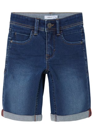 Calções de ganga azul escuro com bainha dobrada, apresentando um design de cinco bolsos, costura a condizer e fecho frontal com botão.