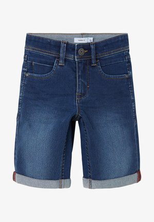 Traperice kratke hlače tamnoplave boje s preklopljenim rubom, s pet džepova, u skladu s koncem i prednjim zatvaranjem na dugme.