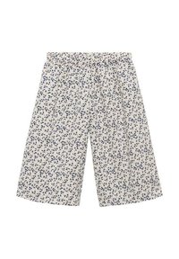 Cvjetne culotte hlače u svijetloj krem boji s plavim listovima. Elastična stražnjica, slobodan kroj, dužine do sredine lista, pamučni materijal, teksturirani dizajn.
