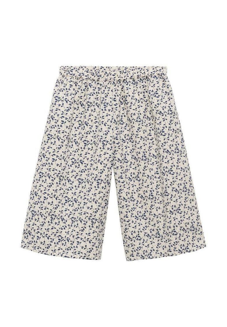 Cvjetne culotte hlače u svijetloj krem boji s plavim listovima. Elastična stražnjica, slobodan kroj, dužine do sredine lista, pamučni materijal, teksturirani dizajn.