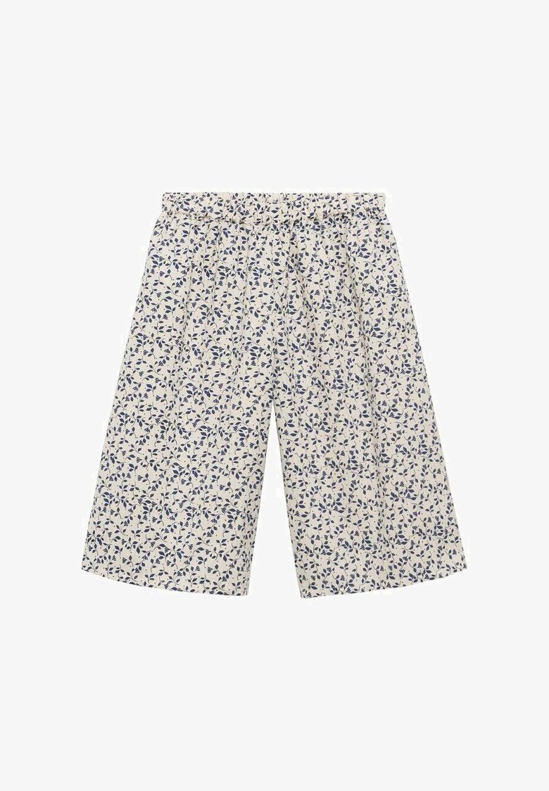 Cvjetne culotte hlače u svijetloj krem boji s plavim listovima. Elastična stražnjica, slobodan kroj, dužine do sredine lista, pamučni materijal, teksturirani dizajn.
