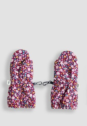 Kvetinové rukavice na pozadí v purpurovej farbe, s vzormi v ružovej, žltej a modrej farbe. Obsahujú elastické manžety a spony na pripevnenie.