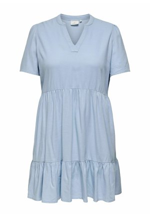 Gaiši zils īss piedurkņu kleita ar V-veida izgriezumu, impērijas vidukli un savāktu pakāpienveida svārku.