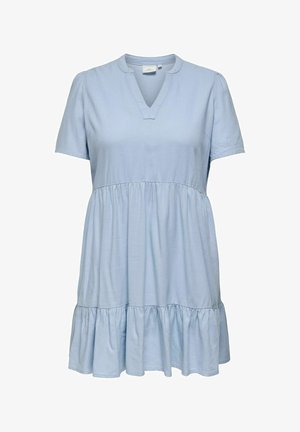 Gaiši zils īss piedurkņu kleita ar V-veida izgriezumu, impērijas vidukli un savāktu pakāpienveida svārku.