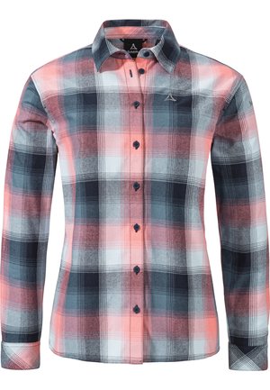 Kariertes Flanellhemd in Blau, Weiß und Koralle. Lange Ärmel, durchgehende Knopfleiste und Logo-Detail auf der Brust. Weiche Textur.