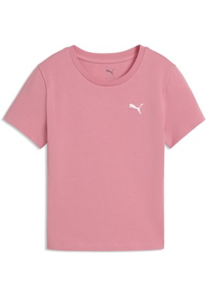 T-shirt rose à manches courtes et col rond avec un petit logo Puma blanc sur la poitrine gauche.