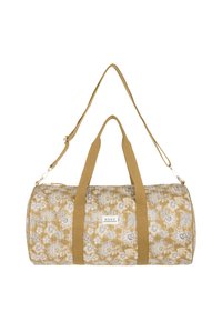 Bolsa de lona cilíndrica de color beige con un patrón floral, con dos asas cortas, una correa larga ajustable y una etiqueta de la marca "Roxy" en la parte frontal.