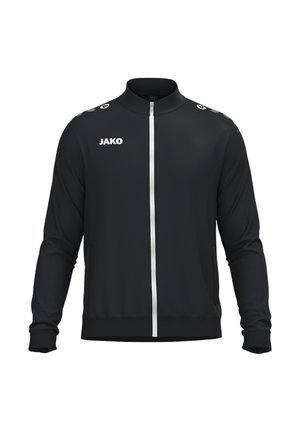 Schwarze Sportjacke mit durchgehendem weißen Reißverschluss, Logos auf Brust und Schultern sowie langen Ärmeln mit gerippten Bündchen.
