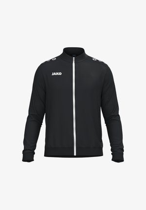 Schwarze Sportjacke mit durchgehendem weißen Reißverschluss, Logos auf Brust und Schultern sowie langen Ärmeln mit gerippten Bündchen.
