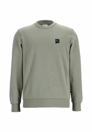 Grüner Sweatshirt aus weichem Stoff, mit rundem Hals, langen Ärmeln und einem kleinen schwarzen Logopatch auf der Brust. Gerippte Bündchen und Saum.