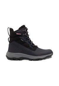 Scarponcini da trekking a metà altezza in materiali navy scuro e nero. Caratteristiche includono una superficie testurizzata, suola in gomma grigia, ganci in metallo e chiusura con lacci.