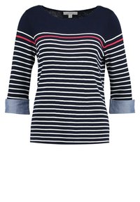T-shirt w paski w kolorze granatowym i białym, z okrągłym dekoltem, rękawami o długości 3/4 i podwiniętymi mankietami przypominającymi dżins. Posiada różowy pasek akcentujący.