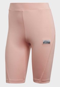 Rosa idrottsshorts med en slät textur, med en bred midja och en Adidas-logotyp på låret.