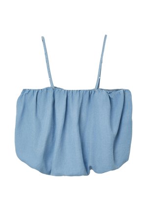 Haut court bleu clair sans manches avec fines bretelles spaghetti et détails de tissu ample froncé.