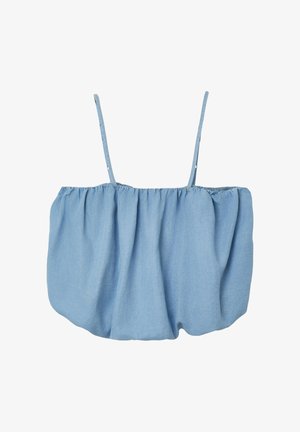 Haut court bleu clair sans manches avec fines bretelles spaghetti et détails de tissu ample froncé.