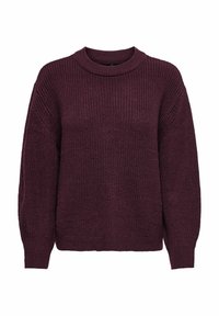 Burgundy neulepaita, jossa on pyöreä kaula-aukko ja ilmapallohihat, tekstuuriltaan löysä istuvuus sekä ribbireunat hihansuissa ja helmassa.