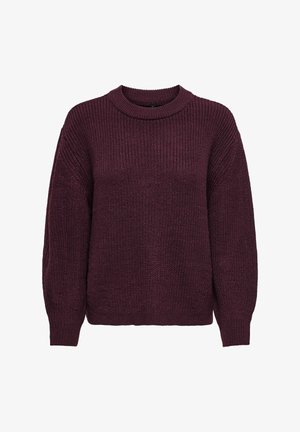 Burgundska pletena majica s okruglim izrezom i balon rukavima, koja ima teksturirani, slobodan kroj te rebraste manžete i donji rub.
