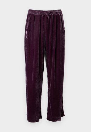 Pantalon en velours violet foncé avec taille élastique et cordon de serrage, doté de poches latérales et d'une coupe décontractée.