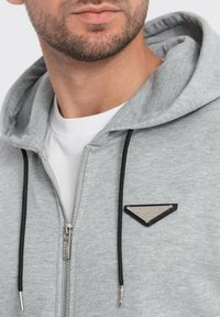 Grauer Zip-Hoodie aus weichem Stoff, ausgestattet mit einem dreieckigen Logo-Patch, schwarzen Kordeln und einem klassischen Kängurutaschen-Design.