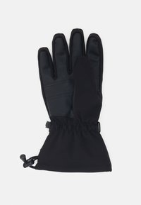 Sorte handsker med læderhåndflade og stofryg, med strammet håndled og justerbar snor, designet til varme og funktionalitet.