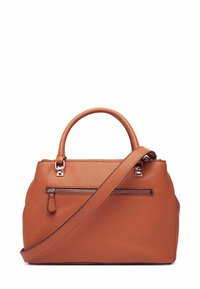 Borsa a spalla in pelle color tan con doppio manico e tracolla rimovibile. Presenta una tasca frontale con zip e superficie testurizzata.