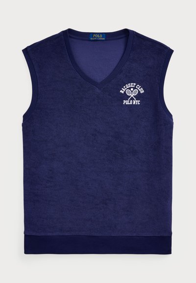 Mørkeblå ermeløs polo skjorte i terry-kvalitet; har v-hals, ribbestrikket halslinning og en hvit logo med tennisracketer.