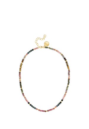 Zartes Perlenhalsband mit kleinen, mehrfarbigen Steinen und einer goldenen verstellbaren Kette mit einem runden goldenen Anhänger.