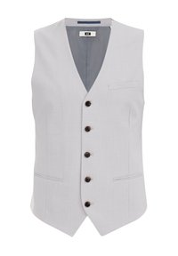 Ljusgrå väst med v-ringning, fem bruna knappar och två sidofickor. Slätt tyg med subtil struktur. Fodrad insida.