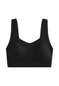 Črn modrček z gladkim, raztegljivim materialom. Ima široke, podporne naramnice in zaobljen izrez. Brez vidnih trakov ali okraskov.