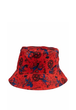 Red bucket hat with repeated blue and black Spider-Man and spider web patterns on fabric.