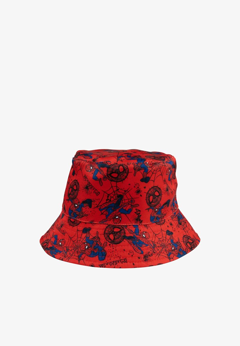 Red bucket hat with repeated blue and black Spider-Man and spider web patterns on fabric.