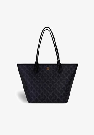 Borsa a tracolla nera con un motivo a rombi, dotata di due manici lunghi e testurizzati e di un piccolo logo rotondo al centro. Realizzata in materiale resistente.