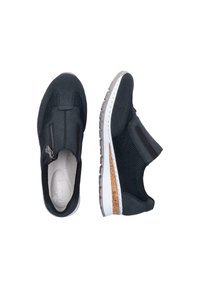 Svarta mocka slip-on skor med meshdetaljer, med en sidogzipper och beige korkdetalj på sulan. Lättviktig design med strukturerad yta.