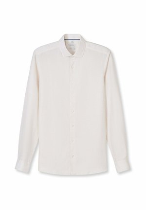Wit overhemd met lange mouwen, knoopsluiting, een klassieke kraag, zichtbare knopen aan de voorkant en mouwen met manchetten.