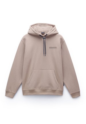 Ljusbeige hoodie med känguruficka, justerbar marinblå dragsko på huven och subtil logotypdetalj på bröstet. Mjuk bomullsmix.