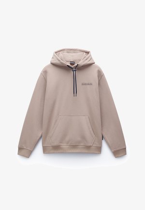 Helle beige Kapuzenjacke mit Kängurutasche, verstellbarem marineblauen Kordelzug an der Kapuze und dezentem Logoprint auf der Brust. Weicher Baumwoll-Mix-Stoff.