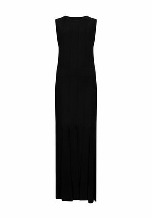 Fekete, ujjatlan maxi ruha bordázott textúrával, függőleges varratokkal és derékban testre szabva, enyhén bővül a szegélyénél.