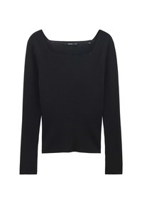 Schwarzes, geripptes Langarmoberteil mit quadratischem Ausschnitt, das ein figurbetontes Design und einen strukturierten Stoff aufweist. Einfacher und vielseitiger Stil.