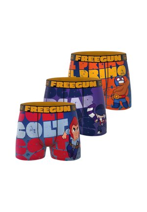 Trois boxers colorés avec des personnages de dessin animé et le nom de la marque Freegun sur des ceintures jaunes.