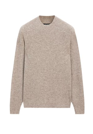 Beige Pullover aus strukturiertem Strickmaterial, mit einem runden Halsausschnitt und langen Ärmeln mit Raglan-Nähten.