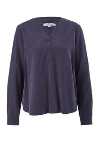 Maglietta a maniche lunghe di colore viola scuro, con una vestibilità comoda, scollatura a V e tessuto morbido. Include dettagli di cucitura discreti sulle spalle e nei polsini.