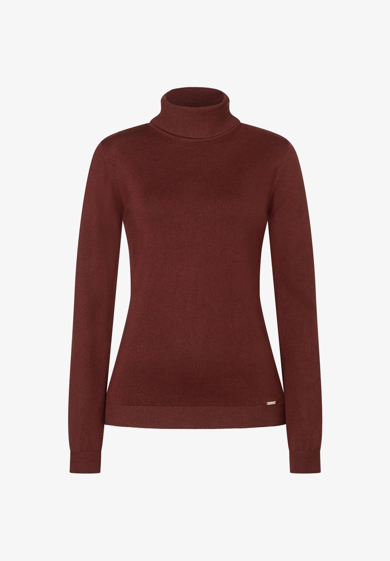 Bordeauxfarbener Rollkragenpullover aus weichem Strickmaterial, mit langen Ärmeln und einer taillierten Passform sowie gerippten Bündchen und Saum.