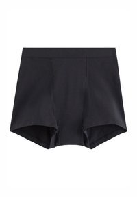 Shorts hipster in cotone nero con una texture liscia, vita elastica e design semplice e minimalista, senza hardware o motivi visibili.